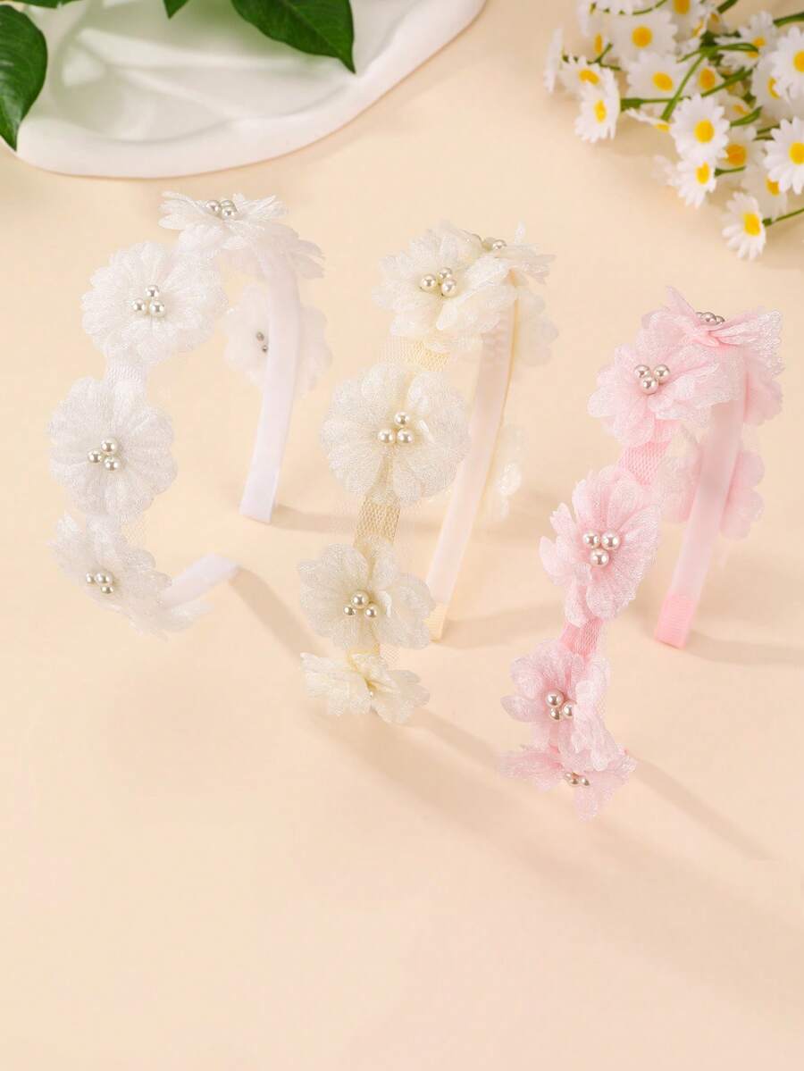 1pc/3pcs Girls Pearl & Faux Flower Headband Set, Suitable For Daily Decoration, Gift - Multicolor - View 1