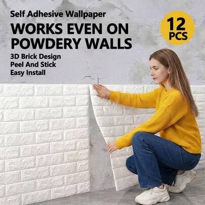 12 Miếng Giấy Dán Tường Tự Dính, Tấm Dán Tường 3D Xốp Trắng, Chống Thấm Nước, Dễ Cắt Sạch, Gạch Dán Tường cho Phòng Tắm, Phòng Ngủ, Phòng Khách, Nhà Bếp, Trang Trí Nhà Cửa