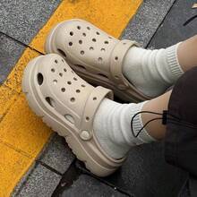 Women's 2026 New Non-Slip, Odor-Resistant EVA Material Hollow Breathable Thick-Soled Increased Height Slimming Solid Color Minimalist Round Toe Slide Sandals, Lightweight Soft Sole For Daily Commute, Beach Vacation, Casual Wear - Khaki - View 2