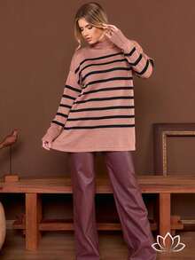 Women's Striped Knit Sweater, Knitted Cold Weather Blouse, Autumn/Winter Fashion - White - View 4