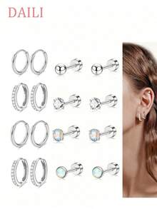 DAILI 4-10 Pairs Women's Small Flat Back Stud Earrings, Hypoallergenic Stainless Steel Earring Set, Includes Hoop And Cartilage Earrings, Suitable For Multiple Piercings, Gift Box - Silver - View 12