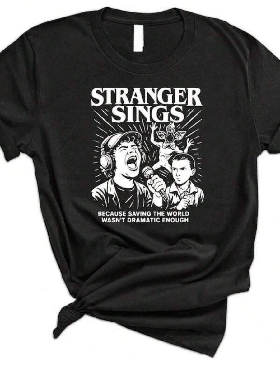 T-shirts graphiques Stranger Sings T-Shirt_ Parodie musicale de science-fiction des années 80, T-shirt graphique amusant, à la mode, sexy, avant-gardiste et personnalisé, en tissu opaque, convient pour les cadeaux de la Saint-Valentin, du Nouvel An et du début de la saison scolaire, T-shirt unisexe, top de culturisme avec cœur et slogan, style boyfriend, tenue décontractée - Noir - Voir 1