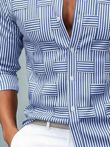 Plus Size Men's Striped Geometric Patchwork Long Sleeve Shirt, Business Casual Style, Unique Fashion Design, Versatile For Daily Wear And Commute - Baby Blue - View 4