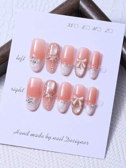10pcs/Set Handmade Oval Nail Pieces In Y2K Light Pink French Style & 3D Handcrafted Bowknot & Hand Painted Gradient Dots And Flower Shaped Diamond Design Nail Decoration. 1 Piece Of Jelly Gel And 1 Piece Of Nail File. Perfect For Daily Life As Well As For Costumes For Coachella Music Festival Parties, Press On Nails And Nail Care Products.