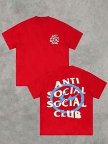 Cotton Double-Sided Printed, Anti Social Club Printed T-Shirt, Suitable For Daily Wear, Casual Summer Wear, Slightly Elastic, Breathable, Outdoor Holiday Sports, Gift T-Shirt, Holiday Gift, Perfect Gift. - Đỏ 2 - Xem 3