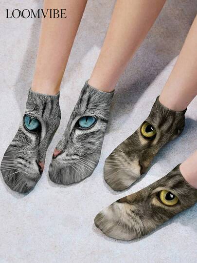 2 đôi tất in hình mặt mèo 3D unisex, tất ngắn họa tiết mắt mèo sống động, mềm mại, thoáng khí, sáng tạo và thú vị, món quà độc đáo dành cho người yêu mèo và các cặp đôi để mặc hàng ngày.