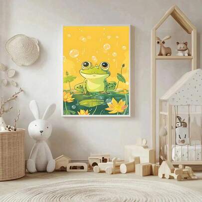 Tranh phẳng 2D, 1 mảnh, hình chú ếch dễ thương trên lá sen. Phong cách minh họa sách thiếu nhi. Tranh phong cảnh thiên nhiên ao ếch xanh, thích hợp trang trí phòng trẻ sơ sinh và phòng trẻ em. Tranh treo tường trang trí phòng bé.