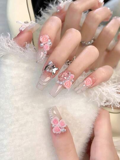 24Grids 3D玫瑰美甲饰品，200+颗混色树脂花朵美甲宝石，迷你粉白黄玫瑰美甲配件带收纳盒，3D立体花朵美甲装饰，适用于DIY美甲、亚克力美甲、工艺品、珠宝制作、婚礼派对美甲设计（可选带或不带镊子）