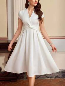 Vintage Elegant Women's Dress Twist Knot V-Neck Casual Work Holiday Party Long Dress Summer Dresses For Women Summer Holiday Outfits Spring Outfit Women Spring Dress Women Spring Clothing Spring Break Outfits Valentine's Day Dress Valentine Outfits For Women Valentine Dress Elegant Dresses For Party Elegant Party Dresses For Women Wedding Guest Dress For Women Wedding Party Dress Elegant Dresses For Women White Elegant Dress Tea Length Dress White Wedding Guest Dress Solid Color Dress White Dress For Valentine's Day Spring White Dress For Women Spring/Summer Fitted Mini Cap Sleeve Twist Hem Dress, - 白色 - 查看 3