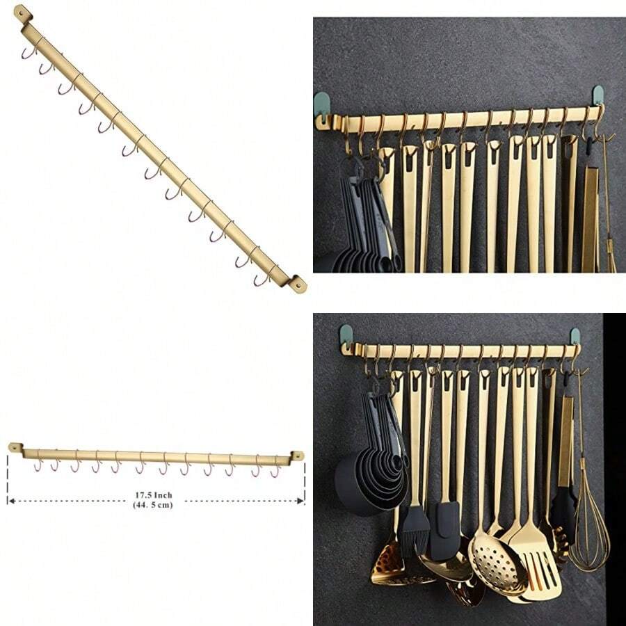 Estante para utensilios de cocinaKyraton estante de cocina con revestimiento de titanio dorado organizador de riel para cuchillos colgantes riel de cocina gourmet montado en la pared con 14 ganchos - 2. Aire - Ver 1