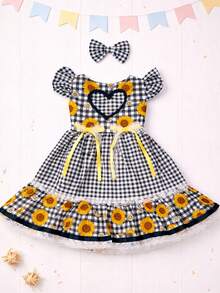 Short-Sleeved Puff-Sleeved Dress For Girls, Luxury Children's Clothing, Versatile, Stylish, Blogger-Worthy, Birthday Gift, Flared With Ruffles, Country, June Festival, Events, Party, Floral Print, Plaid, Premium, Square Dance, São João Set With Bow, Flowers, Lace. - 黑色 - 查看 7