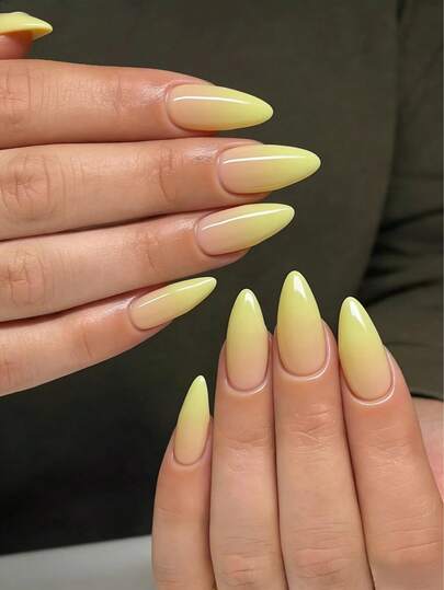 24pcs Almond-Shaped Medium Length Artificial Nail Tips, Yellow Ombre Design, Suitable For Office Ladies, Daily Wear, Dates, Afternoon Tea, Outings