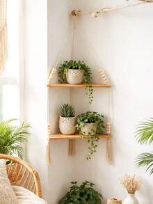 1pc Bohemian Style Double-Layer Wall Hanging Shelf, Macrame Rope Suspended Book Rack, Woven Decor Wall Shelf, Aesthetic Style Room Decor, Rustic Wall Storage Rack, Decorative Display Shelf - Multicolor - View 11