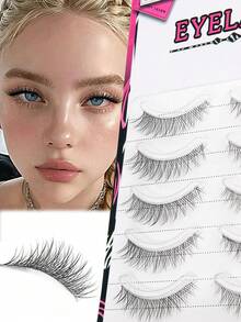 5 Pairs Natural Looking Long Curly False Eyelashes, Cat Eye, Criss-Cross Transparent Stem, Rescue Sparse Lashes, Eyelash Extension 4-10mm, Suitable For Daily, Date, Party, Eyelashes QHK-2621-5 - Black - View 8