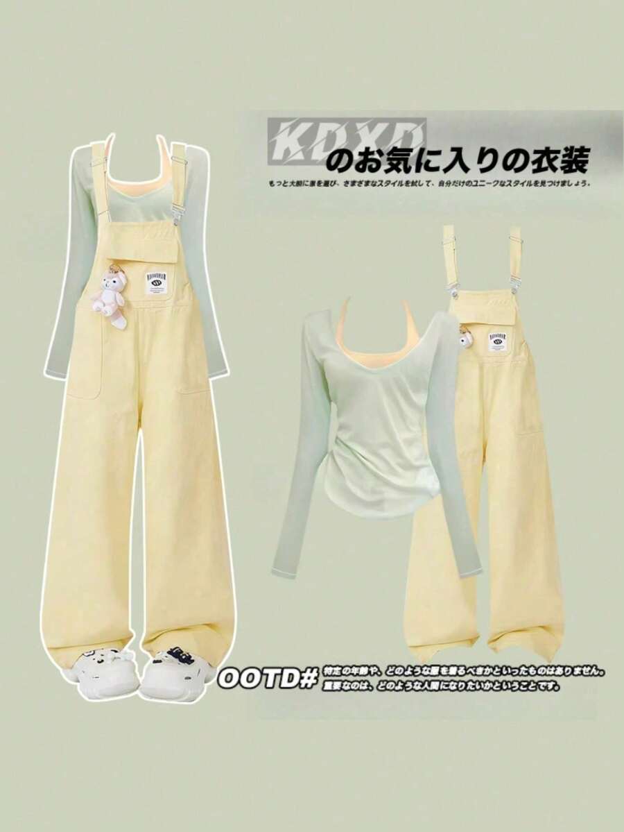 Women Two-Piece Outfits - Yellow-green Cover-up + Tank Top + Yellow Pants (no Accessories) - View 1