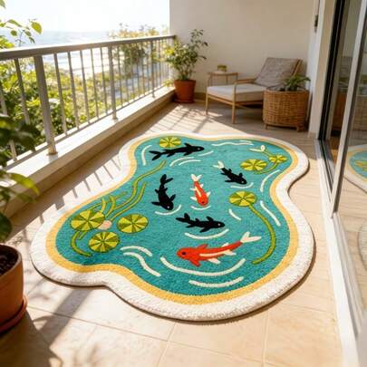 1pc Asymmetrical Green Lotus Red Black Koi Fish Decorative Carpet, Suitable For Living Room And Bedroom, Indoor Rug, Gift, Home Decor