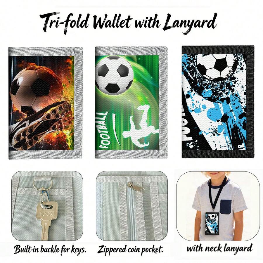 1pc Trifold Wallet With Lanyard, Soccer Print Series, Built-In Multiple Zippered Coin Pockets, Hook And Loop Closure, Suitable For Daily Outdoor Use