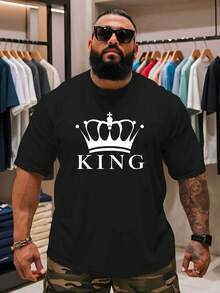 Camiseta de hombre, tops de verano: Camiseta extragrande con corona de rey y estampado KNG para hombre – Blanco y negro, top de verano informal de manga corta y cuello redondo, transpirable, corte holgado con logo de corona blanca para el tiempo libre, fiestas y eventos – Camiseta versátil con mensaje, camiseta de algodón de talla grande, conjunto de verano para hombre - Negro - Ver 4