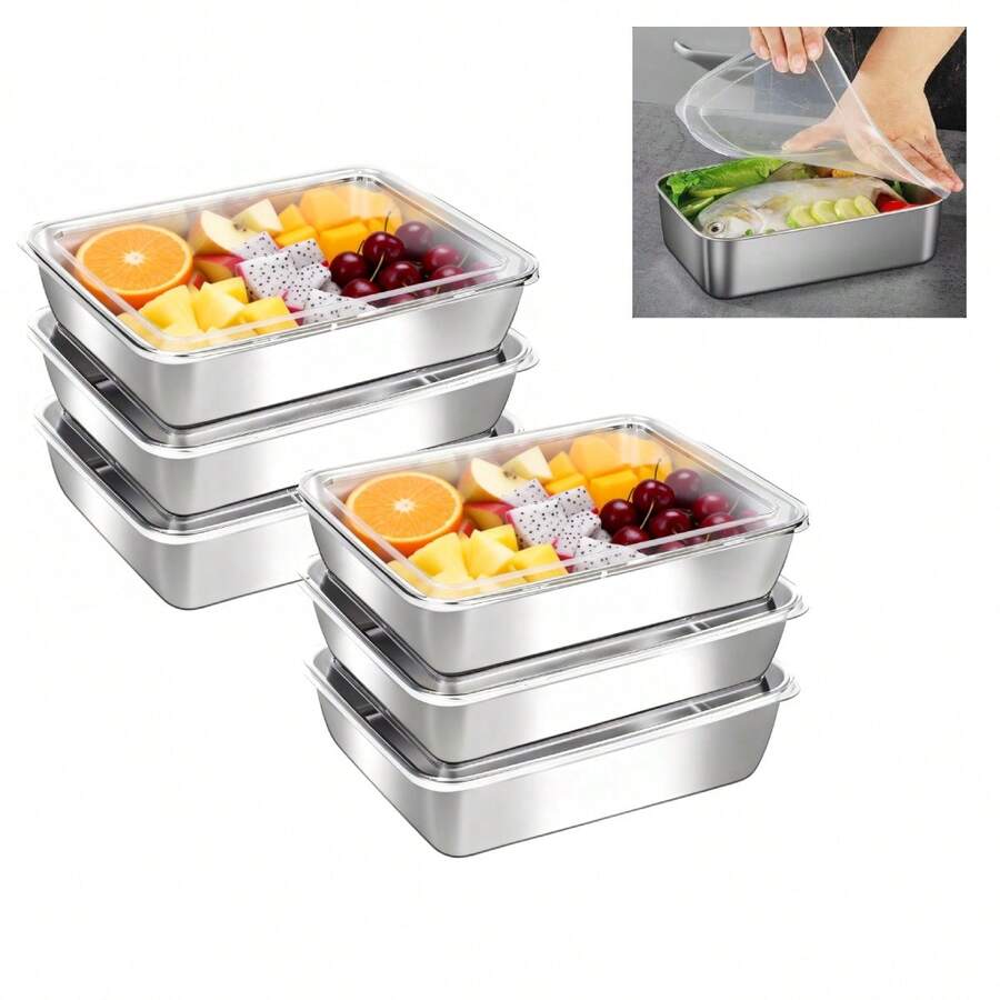 6Pcs Stainless Steel Food Storage Containers With Lids, Stackable Meal Prep Containers, Kitchen Tray With Lid For Picnic, BBQ, Party Or Travel - Silver - View 1