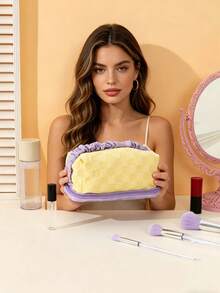1 pieza Bolsa de maquillaje de gran capacidad con color de contraste, cierre con cremallera, organizador de compartimentos multicapa para cosméticos, brochas, paleta de sombras de ojos, hecha de tela de poliéster, diseño de doble asa, bolsa de aseo multifuncional para viajes, regalo de graduación/cumpleaños/Acción de Gracias - Multicolor - Ver 11