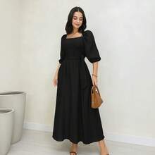 Women's Elegant Wide Dress With 3/4 Sleeve, A-Line Cut, Adjustable Waist And Square Neckline – Fashion Casual Chic Spring Summer Casual Elegant And Casual Fabric - 黑色 - 查看 2