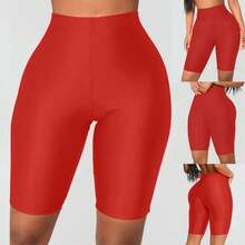 Womens Bike Yoga Shorts Elastic High Waist Shorts Fashion Leggings Sports Casual Pants Gym Elastic Workout Shorts - 紅色 - 查看 1
