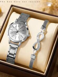 Set de 2 piezas Reloj de mujer con esfera de números romanos y pulsera con letra LOVE, de aleación metálica, de moda y casual, adecuado para uso diario o como regalo para vacaciones - Dorado - Ver 22