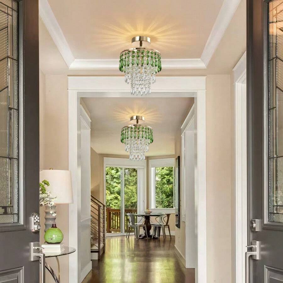 Đèn treo rèm hạt pha lê hiện đại 7,87 inch, hạt pha lê hình bát giác màu xanh lá cây được làm thủ công. Thích hợp cho sảnh/phòng ăn/nhà bếp. Trang trí sang trọng cho nhà cửa, đám cưới và sinh nhật. Đèn treo ngọc trai 3 tầng tự lắp ráp. Trang trí lấp lánh bằng pha lê cho các dịp lễ (Không bao gồm nguồn sáng)