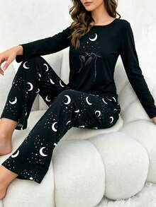 Black Moon Cat Print Long Sleeve & Pants 2 Pieces Pajama Set, Women Casual Loungewear - Black - View 2