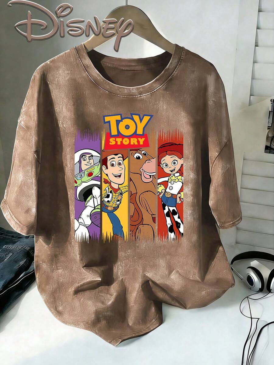 Disney  Toy Story Main Characters Panel Vintage Washed Brown Oversized Cotton T-Shirt, Extra Large Baggy Fit Tee For Kids & Adults, Disney Fans Casual Top - Cà phê nâu - Xem 1