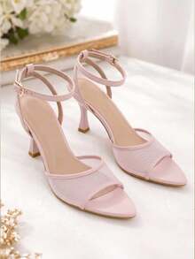 New Elegant Women's Solid Color Mesh One-Piece Adjustable Buckle Pointed Toe Ankle Strap Stiletto High Heels, Summer Sandals, Suitable For Dates, Pink - Pink - View 8