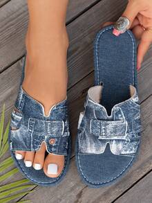 Women's Comfortable Distressed Denim Open Toe Flat Slide Sandals, Soft Washed Denim Material Easy Slip-On Versatile Daily Wear Shoes For Summer - Blue - View 1