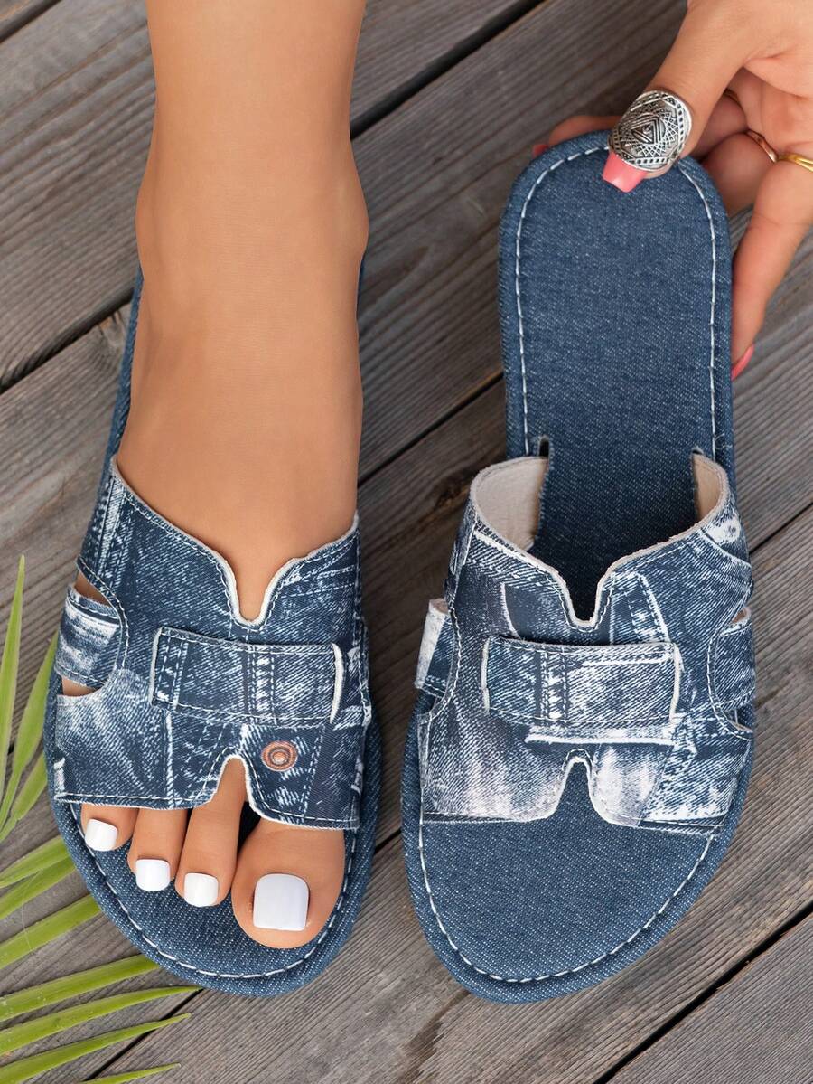 Women's Comfortable Distressed Denim Open Toe Flat Slide Sandals, Soft Washed Denim Material Easy Slip-On Versatile Daily Wear Shoes For Summer - Blue - View 1