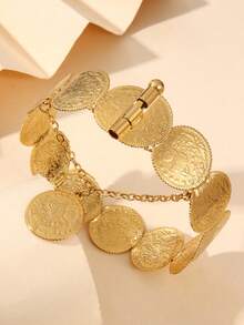 1件复古优雅镀金铜币拼接手链，带吊坠，适合女性日常佩戴和节日礼物 - 金黃色 - 查看 4