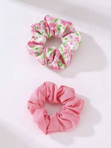 2pcs Women's Fashion Floral Hair Scrunchies, Suitable For Daily, Spring/Summer, Vacation Outfits Ponytail Holders Hair Elastics Hair Rubber Bands Hair Rope,Festival,Party - Pink - View 2
