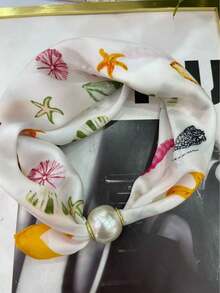 1pc Bandana With Star, Starfish, Cashew Print Elements, Pearl Magnetic Clasp Neck Scarf - Multicolor - View 2