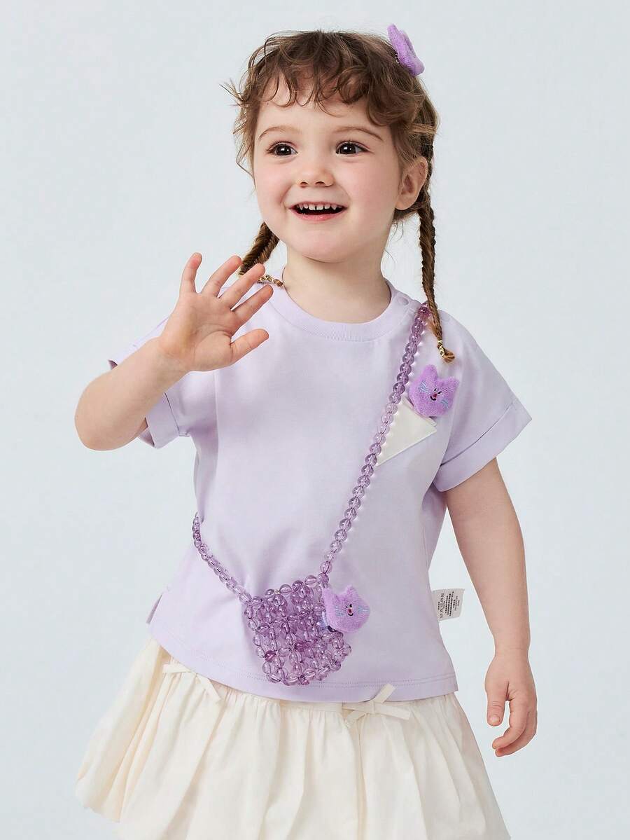 mini bala Áo thun ngắn tay bằng cotton cho trẻ em, mềm mại, thoáng khí, dễ thương với họa tiết 3D, thích hợp cho mùa hè 2026. - hồng tím - Xem 1