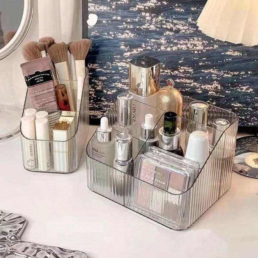1pc Luxury Vertical Striped Transparent Storage Box, Large Capacity Desktop Organizer For Stationery, Cosmetics And Daily Necessities, Multi-Functional Transparent Pen Holder And Makeup Organizer