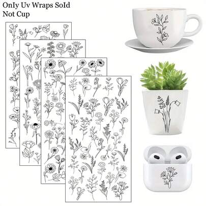 Bộ 4 miếng dán chuyển nhiệt tự dính UV DTF họa tiết hoa đen cổ điển, hình vẽ đường nét hoa, chống thấm nước, thích hợp cho nhiều loại cốc cà phê thủy tinh, ly, đồ thủ công DIY, ốp điện thoại, máy tính DIY, không cần máy ép nhiệt, lý tưởng cho cốc giữ nhiệt, đồ nội thất Mason - Miếng dán nhựa dùng một lần, thích hợp trang trí nhà cửa, đồ thủ công.