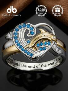 S925纯银海豚、波浪和心形雕刻双色蓝色锆石戒指，浪漫海洋风珠宝，母爱戒指，守护戒指，母亲节礼物，附赠礼盒 - 海豚母愛戒指 - 查看 14