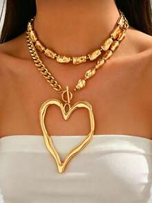 Vintage Gold Layered Large Heart Pendant Necklace For Women Y2K Chunky Cuban Link Chain Necklace Summer Party Jewelry - Gold - View 6
