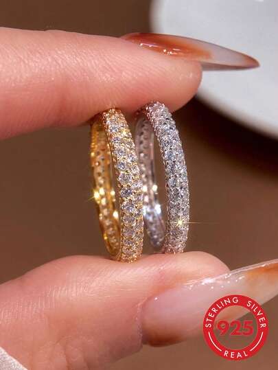 1枚925纯银双排全圆钻戒指，女士日常通勤装饰戒指，派对配饰，高品质女士戒指，精致珠宝礼品