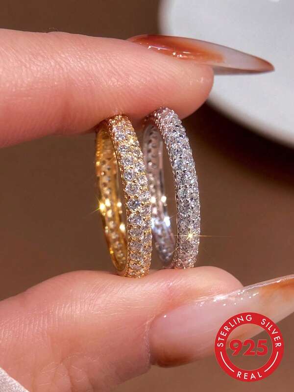 1枚925纯银双排全圆钻戒指，女士日常通勤装饰戒指，派对配饰，高品质女士戒指，精致珠宝礼品