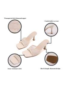 Damen Mesh Blumen Stiletto Sandalen, modische Quadratische Zehenspitze High Heels, stilvolle atmungsaktive Slip-On High Heels - Beige - Übersicht 4