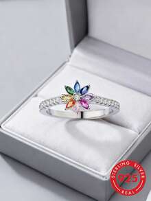 1pc Fashionable Elegant Colorful Crystal Flower Ring - Silver - View 7