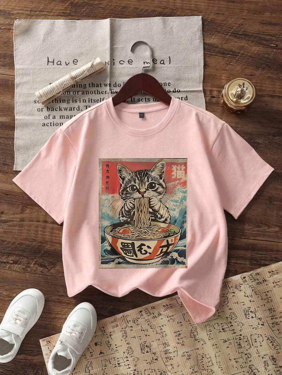 少女休闲趣味印花圆领短袖T恤，夏季上衣 - 粉色 - 查看 1