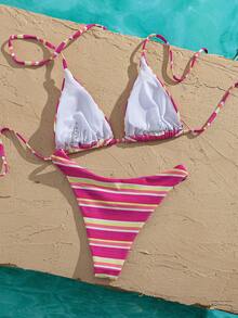 Onefish Bộ bikini tam giác kẻ sọc hồng, buộc dây cổ, lưng điều chỉnh được, cúp ngực tam giác có đệm rời, chất liệu mềm mại co giãn, họa tiết kẻ sọc ombre, hồng vàng trắng, bộ đồ bơi hai mảnh phối màu rực rỡ mùa hè. - Hồng - Xem 5