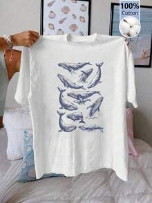 Áo thun nữ tay ngắn in hình cá mùa hè, chất liệu cotton, đã qua xử lý, kiểu dáng thường ngày, đơn giản, cổ điển, dáng rộng, cổ tròn. - trắng - Xem 6