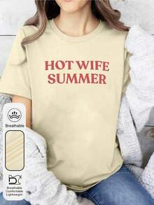 Hot Wife Summer Slogan Print T-Shirt, Summer Vacation Themed Short Sleeve Top For Women, Casual Humor Graphic Tee Vacation Outfits Women Tropical Vacation Outfits - 杏色 - 查看 2