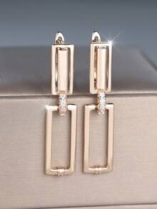 Vanel 1 Pair Fashionable Gold Geometric Pattern CZ Inlaid Earrings, Minimalist Style Earrings Suitable For Daily Wear And Parties, Stylish Jewelry - Golden Yellow-white - View 3